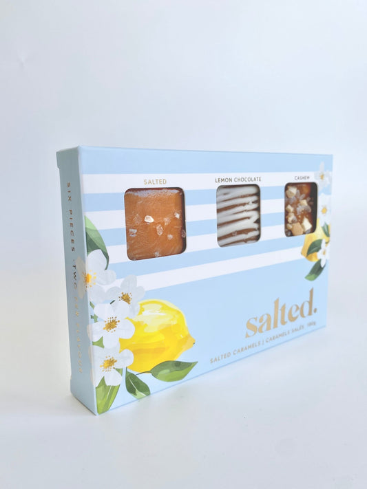 Blue and white springtime caramel gift box with lemon design containing six handmade salted caramels