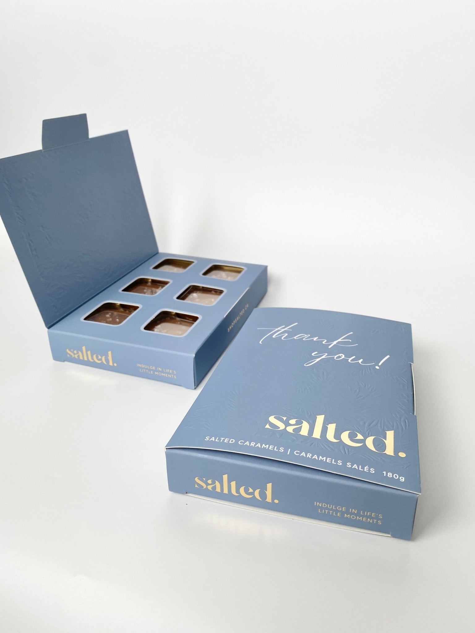Elegant blue Thank You card box with gold details containing 6 handmade salted caramels from Shop Salted

