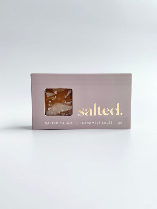 Two handmade sea salt caramels in elegant gift box from Shop Salted
